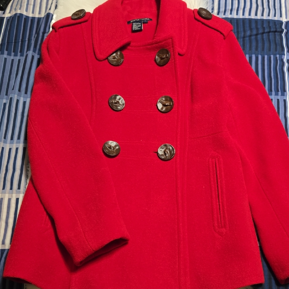 Boston Proper Red Pea Coat with Brown Buttons